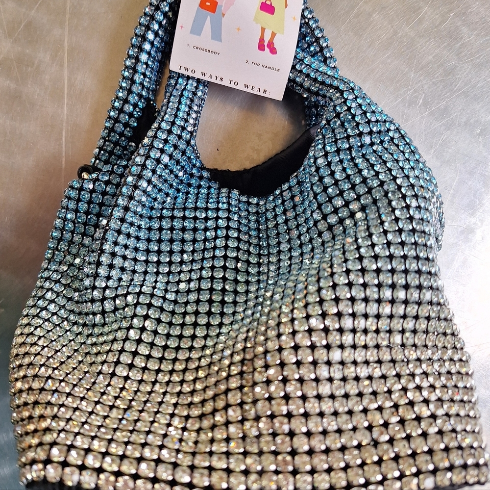 Rosebud Rinestones crystal crossbody bag. In 2 tone Blue and silver.